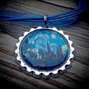 Hogwarts starry night bottle cap necklace handmade